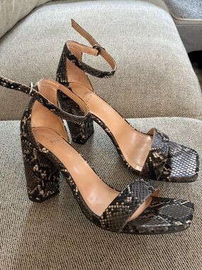 a new day Black Snake-Print Block Heel Ankle Strap Sandals